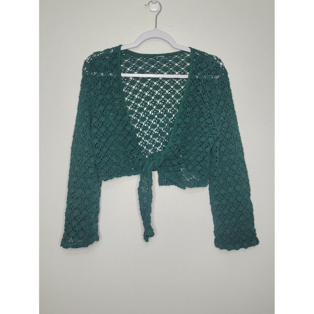 Green open knit boho tie front hippie crop long sleeve layering top sweater